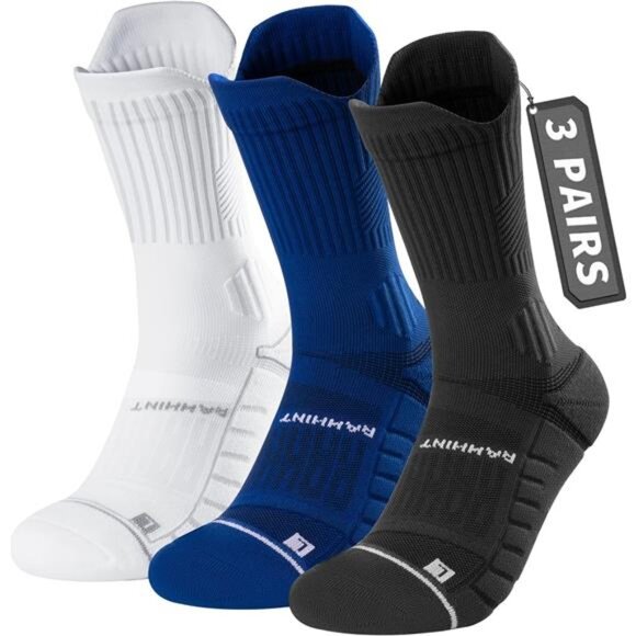 Compression Running Socks 3 Pairs, Cushion Crew Socks, Anti-Blister Moisture - Picture 1 of 14